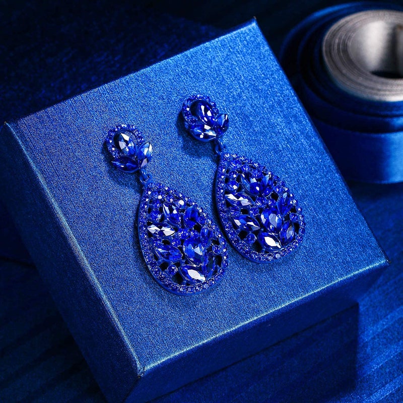 EleQueen Women's Wedding Bridal Austrian Crystal Bohemia Teardrop Chandelier Dangle Earrings Royal Blue Color Blue-Tone - Image 5